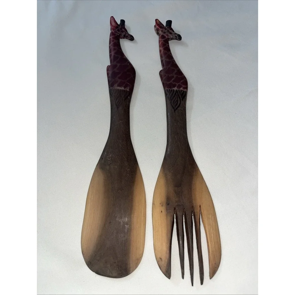 Vintage Wooden Handmade Giraffe Salad Tossing Fork & Spoon Works Great Clean Woo